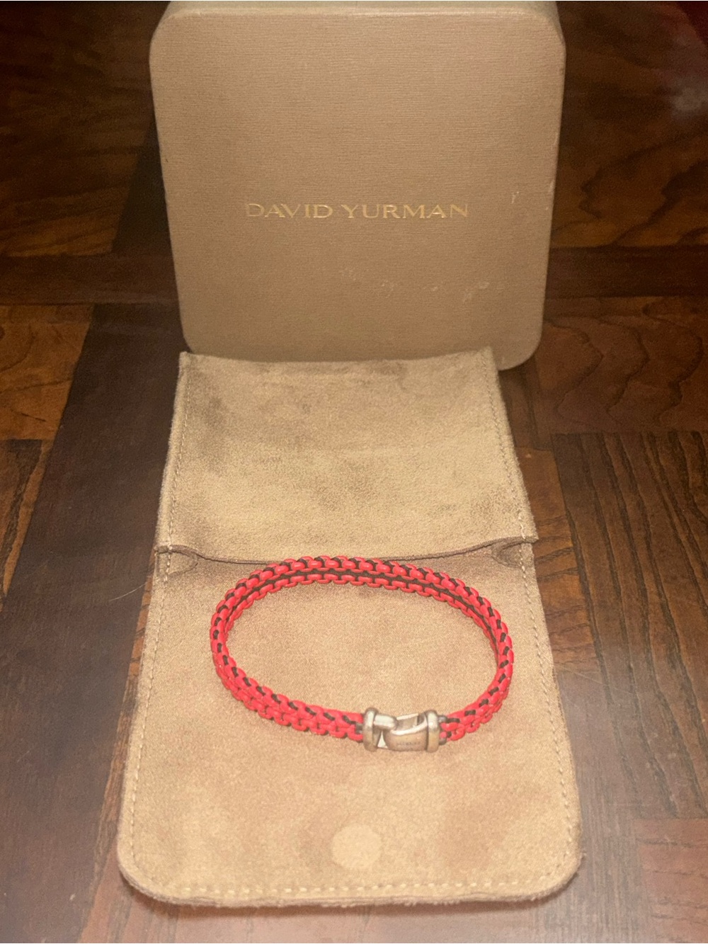 David Yurman Bright Red Braided Leather Bracelet with Silver Clasp